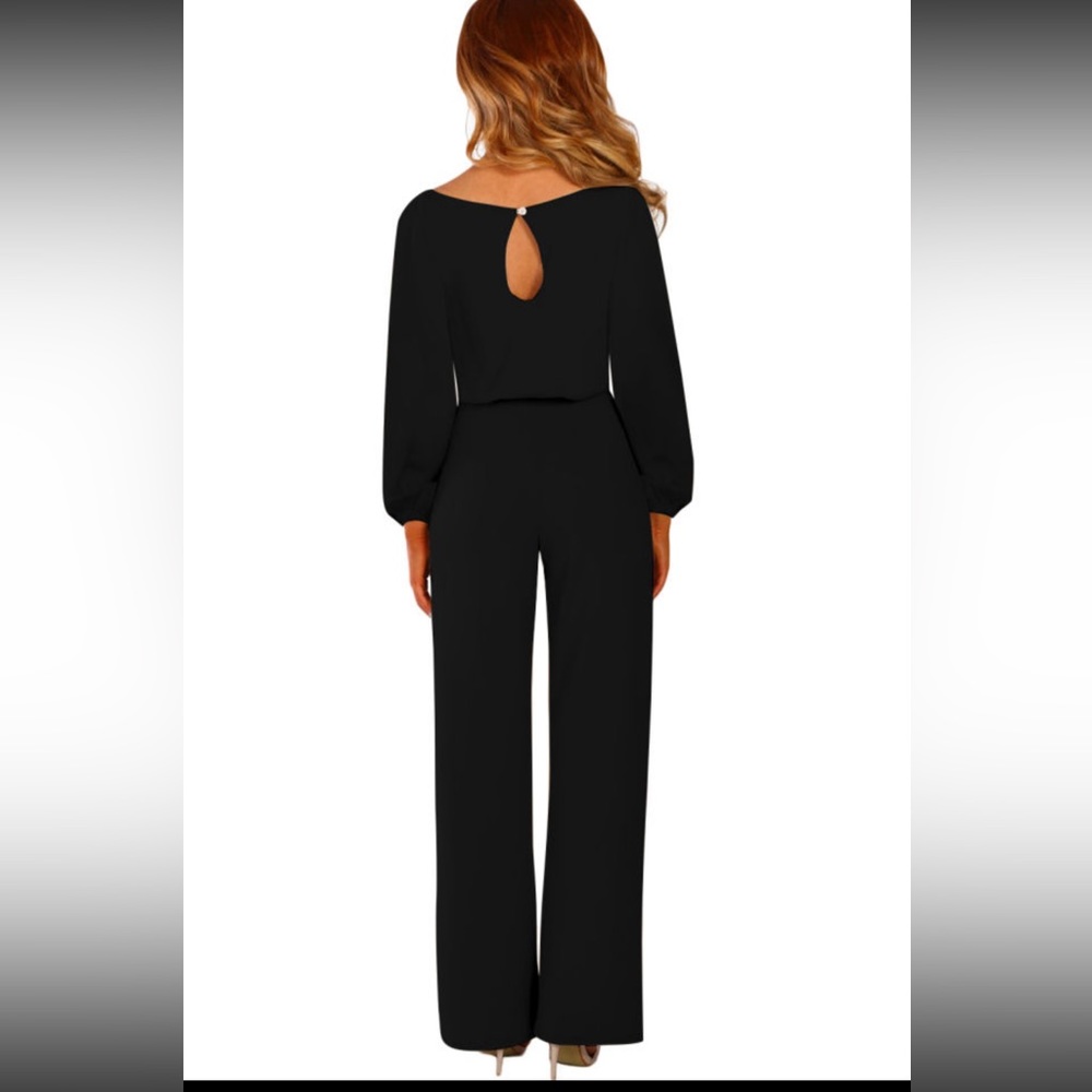 Black/navy boat neck bubble sleeve straight legs jumpsuit with belt tie